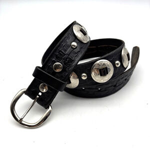 Vintage 80s Handmade Black Tooled Genuine Leather Studded Concho Belt 30-34"